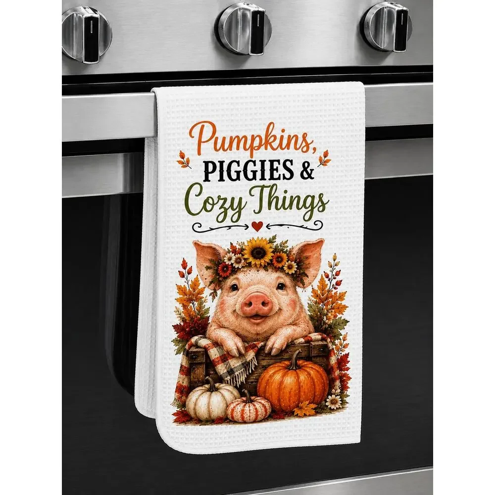 Fall Pig Kitchen Towel Pumpkins Piggies & Cozy Things Farmhouse Autumn Decor